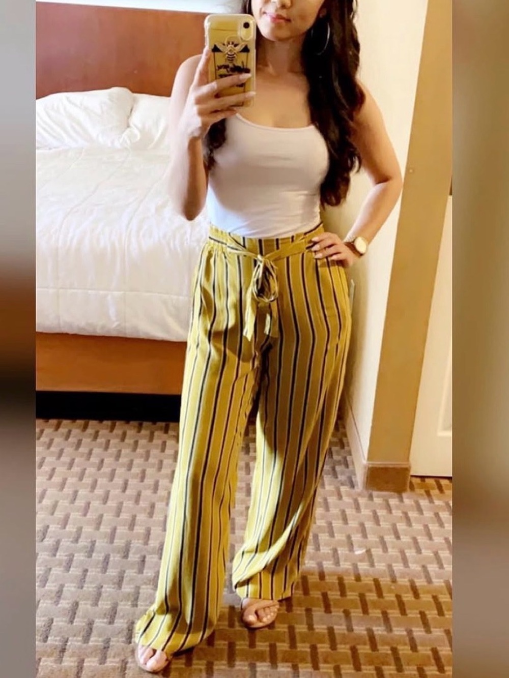 High-Waist Yellow Striped Wide-Leg Pants with Tie Waist